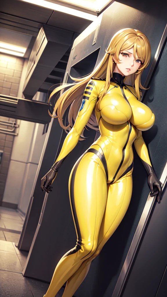 Milf, woman in a futuristic suit, highly detailed face, cool, mom, tomboy, very large breast, (Milf), mature face, (mature female), cybersuit, anime girl wearing tight suit, milfication, Elegant body, navel focus, naked body, gloves, earrings, science fiction, female protagonist, standing, volumetric light, detailed lighting, detailed textures, oppai cyberpunk, biomechanical oppai, masterpiece, best quality eyes, sci-fi background, futuristic landscape, (((yellow body suit))), (chuby)
