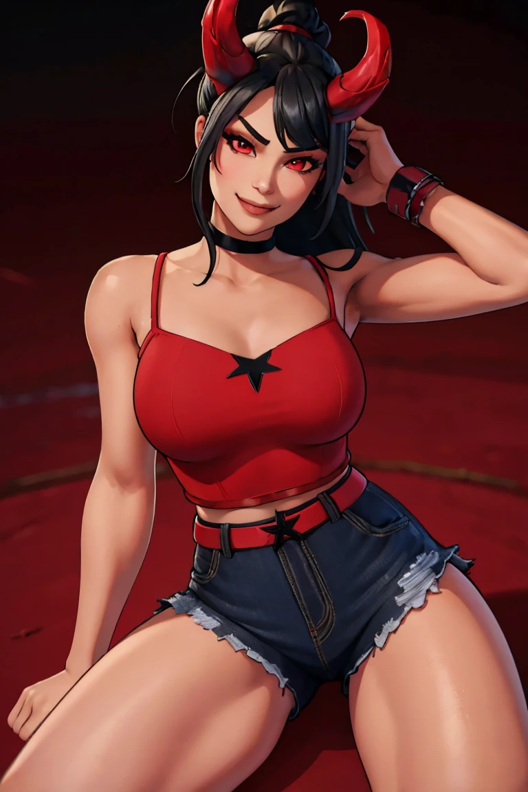 1girl, solo, cute,  long hair, looking at viewer, black hair hair, ponytail, cute red eyes, smile, red dragon horns , bangs, breasts, simple background, fang, bare shoulders, scar, bare shoulders, closed mouth, hair over one eye, portrait, hair over shoulder, legs, seductive,  red top beach, shorts blue jeans, beach, realistic, highly detailed face, detailed eyes, best quality, masterpiece, ultra detail, ultra high res, extreme detail, 8k, uhd, , curvy, thick thighs, frontal, full body, 