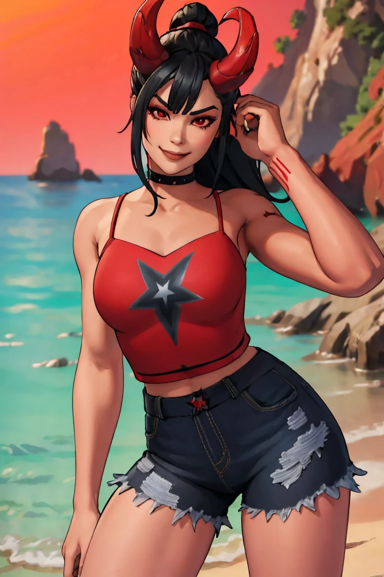 1girl, solo, cute,  long hair, looking at viewer, black hair hair, ponytail, cute red eyes, smile, red dragon horns , bangs, breasts, simple background, fang, bare shoulders, scar, bare shoulders, closed mouth, hair over one eye, portrait, hair over shoulder, legs, seductive,  red top beach, shorts blue jeans, beach, realistic, highly detailed face, detailed eyes, best quality, masterpiece, ultra detail, ultra high res, extreme detail, 8k, uhd, , curvy, thick thighs, frontal, full body, 