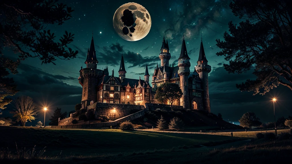 a castle on the hill, tall towers, a massive gate, it is night time, moon is red, haunting dark style, best quality, ultra realistic