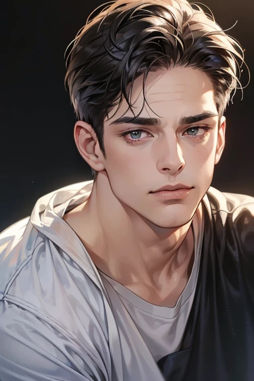 (Best quality,4K,8K,a high resolution,masterpiece:1.2),ultra detailed,(realistic,photorealistic,photo-realistic:1.37),39 year old man,Beautiful anime,portraits,strong,masculine,dark hair,Sharp jawline,Mesmerizing eyes,Perfectly styled hair,confident expression,bright colors,dynamic lighting,Brown eyes,(Black T-shirt),(dark skin),((mature man, man 40 years old)), (square jaw)