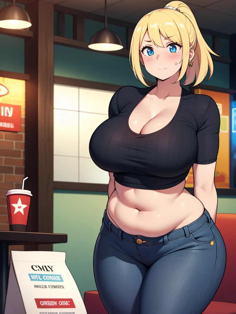 ((Masterpiece)), perfect anatomy, perfect shading, field of depth, (best quality), extremely delicate and beautiful, perfect lighting, detailed face, ultra cute face, cute, ((1girl)), ((solo))

short fluffy blonde hair, ponytail, blue eyes, ((blush)), nervous, looking at viewer, crop top, jeans, cleavage, large breasts, ((thick thighs)), (wide hips), chubby, chubby belly, 

intricate background, detailed background, fast food restaurant, arms behind back,
