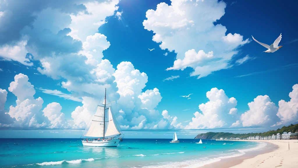 Cartoon Style,Blue sky,White Cloud,Sea,Sunlight,Beach,Seagull,sailboat,一群奔向Sea的孩子