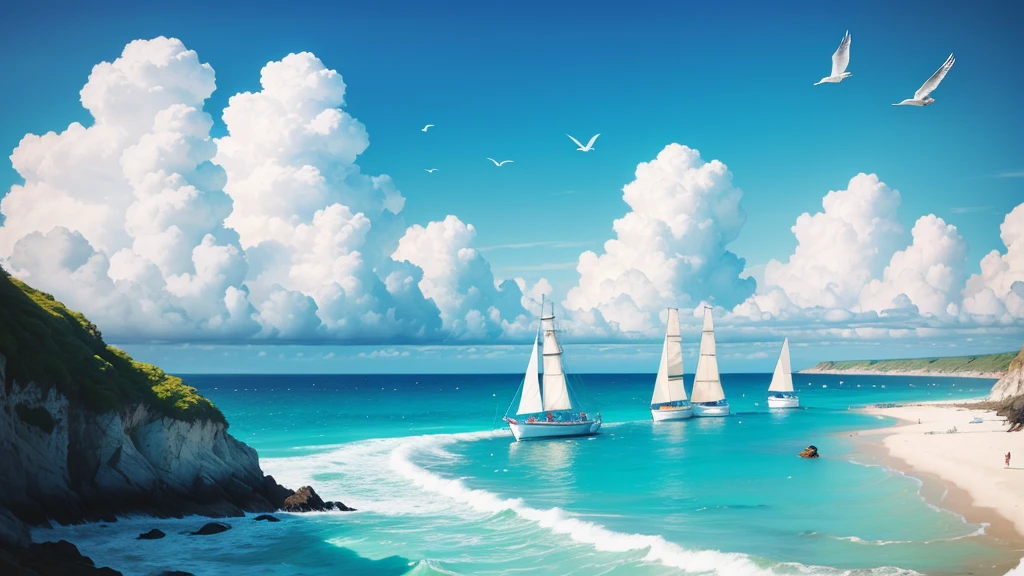 Cartoon Style，Blue sky，White Cloud，Sea，Sunlight，Beach，Seagull，sailboat，一群奔向Sea的孩子