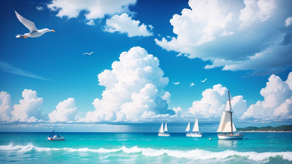 Cartoon Style,Blue sky,White Cloud,Sea,Sunlight,Beach,Seagull,sailboat,一群奔向Sea的孩子