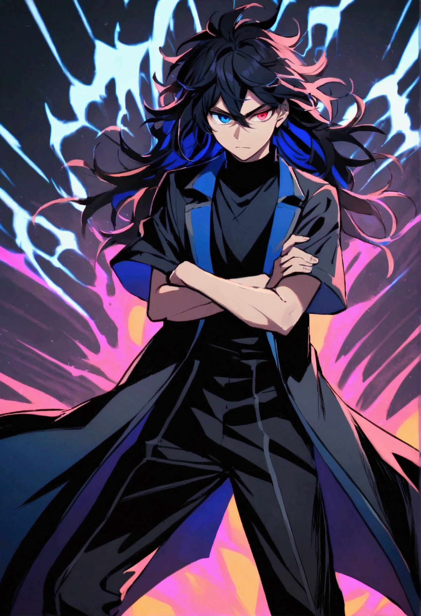age boy, Messy hair, long hair, multicolored blue and black hair, crossed arms, blue and black eyes, heterochromia, Simple smile, serious face, black jersey, dark blue detailed and wide short-sleeved overcoat, detailed black pants, black sneakers, electric aura around the character