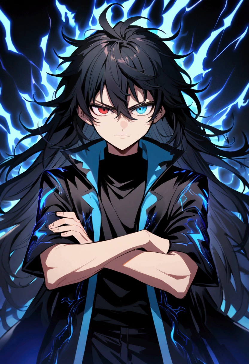 Teenage boy, Messy hair, long hair, multicolored blue and black hair, crossed arms, blue and black eyes, heterochromia, Simple smile, serious face, black jersey, dark blue detailed and wide short-sleeved overcoat, detailed black pants, black sneakers, electric aura around the character