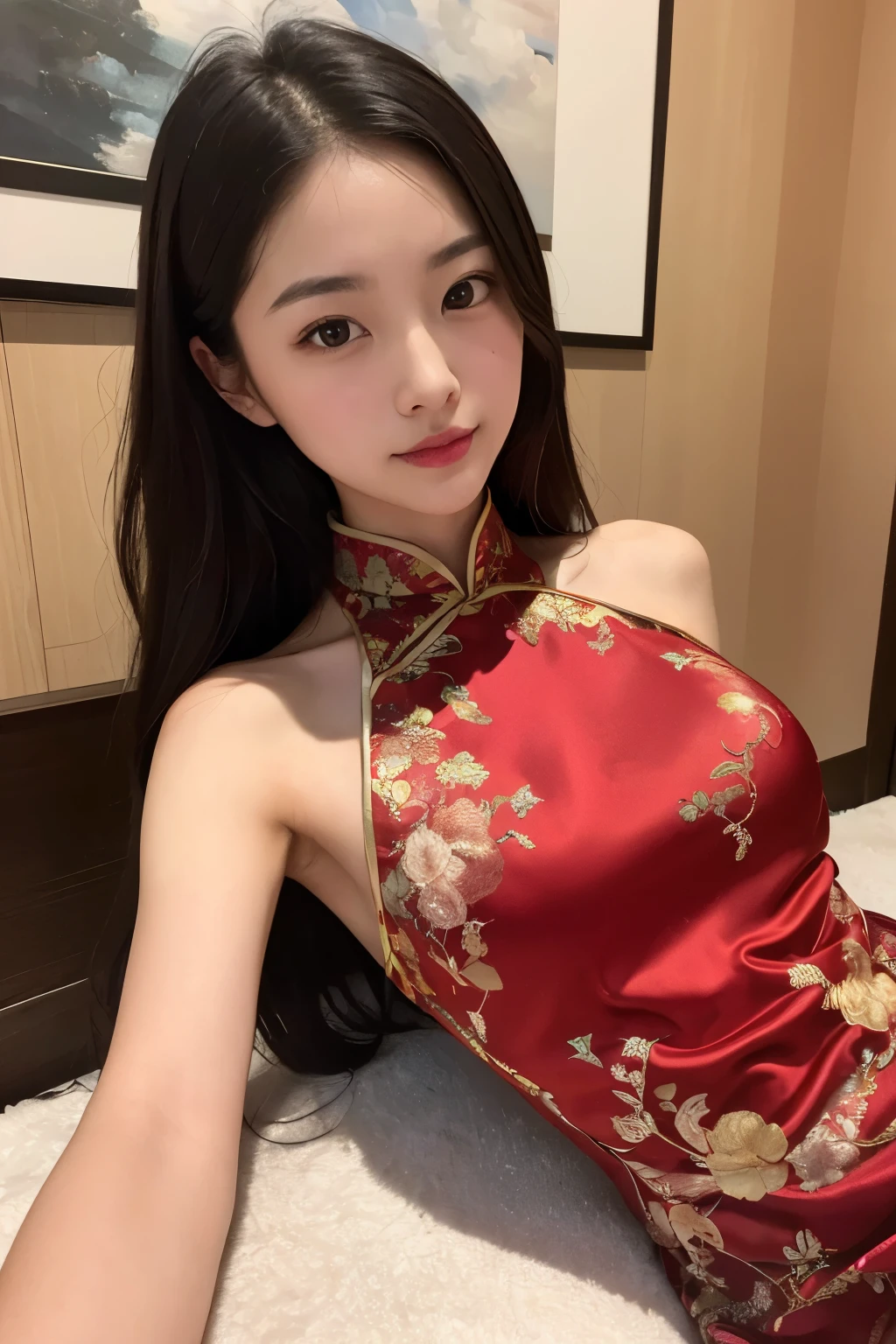 ((Highest quality)), ((masterpiece)), (detailed), One girl, Traditional Chinese Dress、Black、slender、Lying down