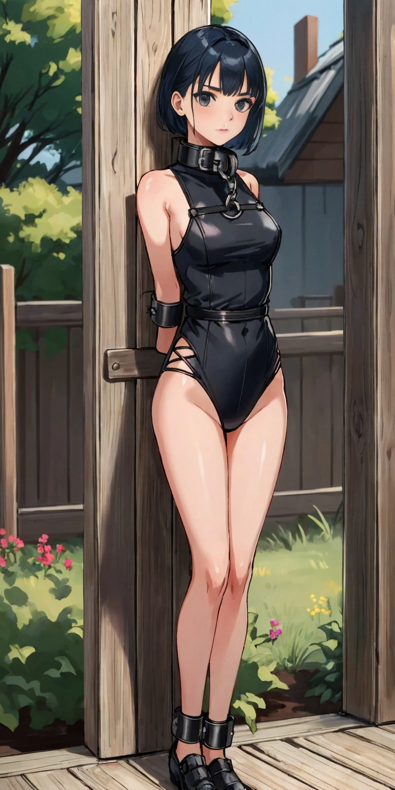 (masterpiece, best quality), intricate details,
1girl, phSaber,
(standing by wooden pole:1.2), iron collar, arms behind back, iron cuffs, shackles, bound,