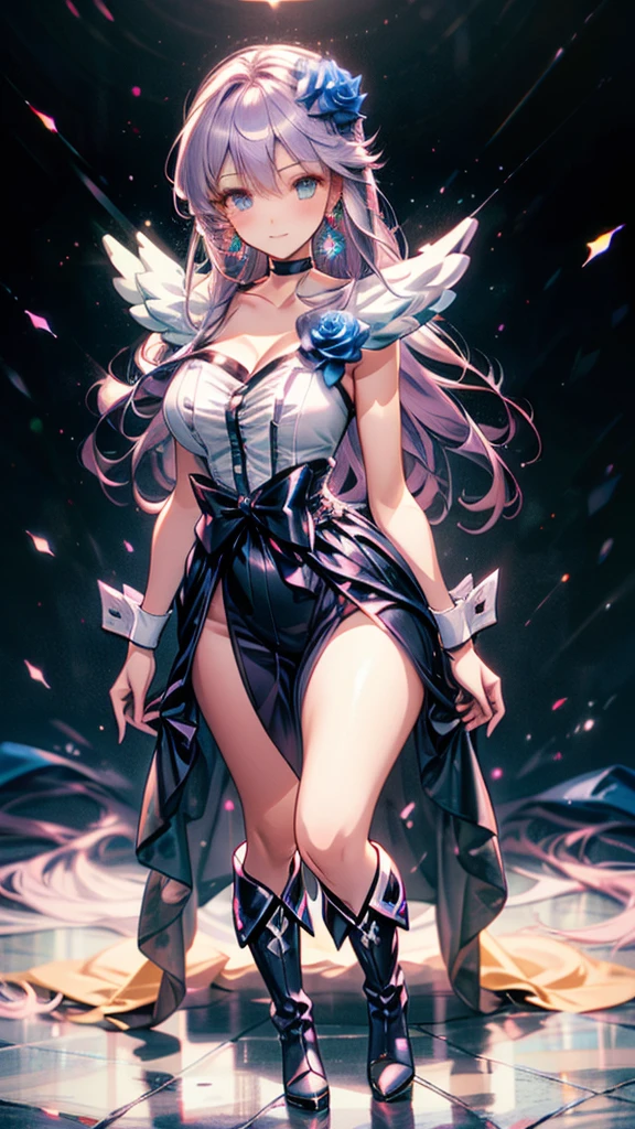 (Highly detailed CG), (Highest quality),((full body))，Anime Style，1 Girl,alone, leotard，Purple Hair，black choker, earrings, blue flower, magical girl, waist bow, cure moonlight dress, jewelry, flower, wrist cuffs, single elbow glove, boots, eyelashes,Perfect Face,  Shiny skin, Shiny skin, Wide Hips,Tight waist,Knee-high boots，Elbow Bag,1 Girl, Long Hair, Big Breasts，Thick thighs，sunset，Octane，