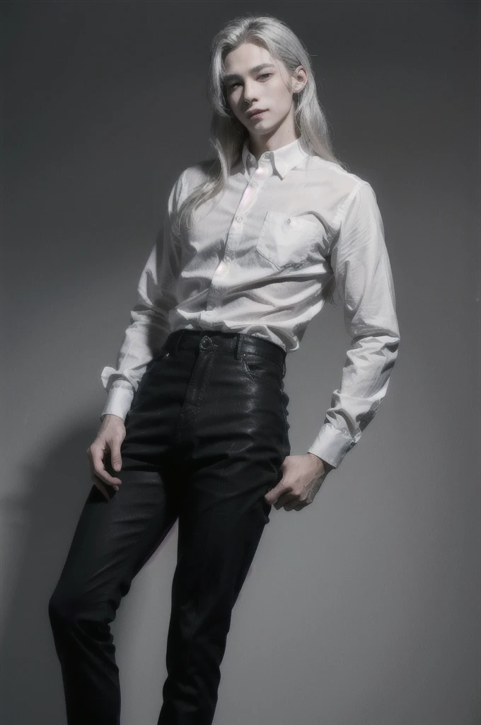 ((masterpiece:1.2, best quality, ultra detailed, absurdres, perfect , perfect hands)), (((1 man))), long silver hair, red eyes, whiteskin tone, ((white shirt, black pants)), creepy smile,