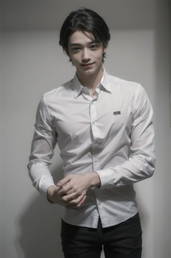 ((masterpiece:1.2, best quality, ultra detailed, absurdres, perfect ???????, perfect hands)), (((1 man))), long silver hair, red eyes, whiteskin tone, ((white shirt, black pants)), creepy smile,