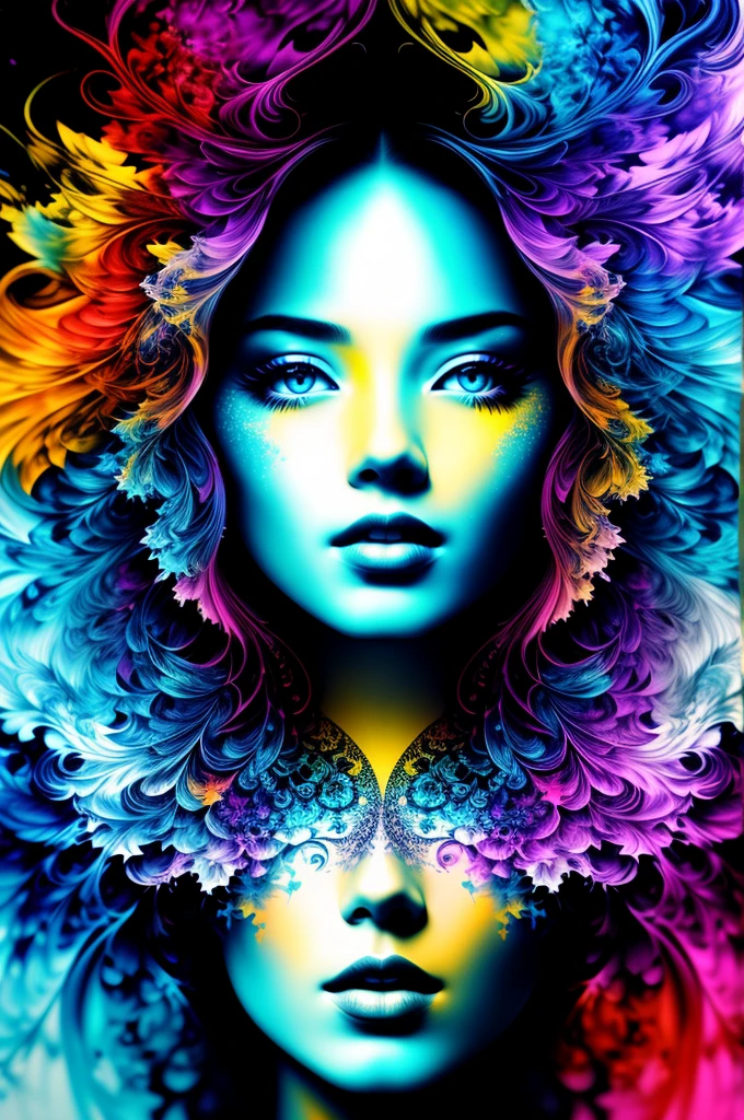 beautiful colorful woman: Black ink flow: Photorealistic masterpiece in 8k resolution: por Aaron Horkey e Jeremy Mann: Finely detailed fluid gouache painting: by John Baptist Mongue: handwriting: acrylic: water colour, professional photograpy, natural lighting, volumetric lighting maximalist photo illustration: by marton bobzert: Detailed concept art in 8k resolution, Complex, chic, expansive, Fantastic, double printing, double exposure, fractal holographic effect