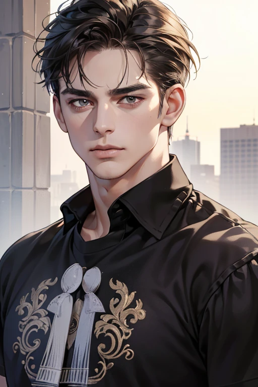 (Best quality,4K,8K,a high resolution,masterpiece:1.2),ultra detailed,(realistic,photorealistic,photo-realistic:1.37),39 year old man,Beautiful anime,portraits,strong,masculine,dark hair,Sharp jawline,Mesmerizing eyes,Perfectly styled hair,confident expression,bright colors,dynamic lighting,Brown eyes,(Black T-shirt),(dark skin),((mature man, man 40 years old)), (square jaw)