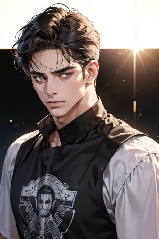 (Best quality,4K,8K,a high resolution,masterpiece:1.2),ultra detailed,(realistic,photorealistic,photo-realistic:1.37),39 year old man,Beautiful anime,portraits,strong,masculine,dark hair,Sharp jawline,Mesmerizing eyes,Perfectly styled hair,confident expression,bright colors,dynamic lighting,Brown eyes,(Black T-shirt),(dark skin),((mature man, man 40 years old)), (square jaw)