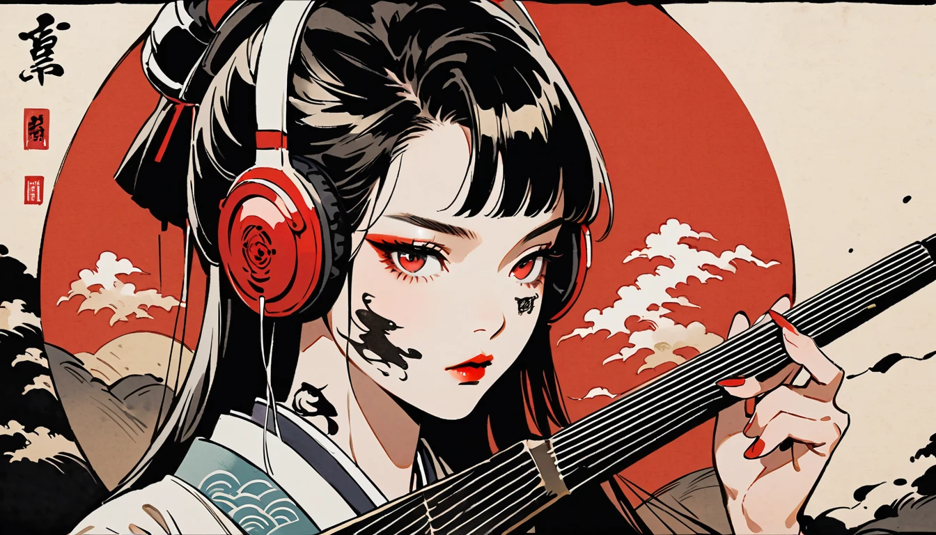 Ink Painting, (((1 person))), (((Tattoo on face))), (((Japanese String Instruments))), Japanese style headphones, Beautiful girl possessed by a demon, Black Hair, Red eyes, Delicate and precise, Modern ukiyo-e style