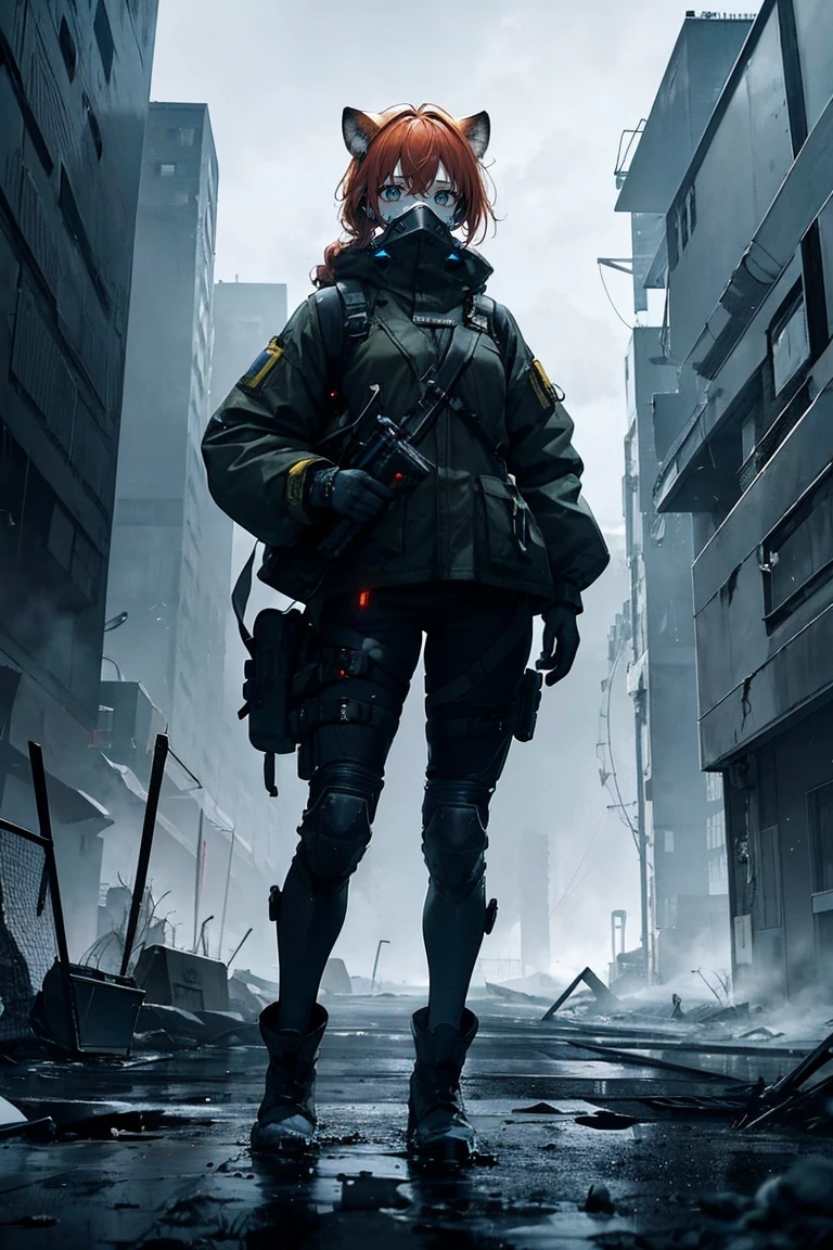 The scene depicts a female character standing in a post-apocalyptic Chernobyl. She is clearly holding a birthday cake with glowing candles that display the number 10. The cake is prominently held in front of her chest, with her hands supporting it underneath, symbolizing the tenth anniversary. The cake has white frosting and colorful decorations, with large, glowing number 10 candles on top.

The character has long, reddish-orange hair tied in a braid and wears a high-tech gas mask with multiple filters and transparent lenses that reveal her determined eyes. Her full-body protective suit is made of kevlar-like material and is primarily gray with turquoise details, including integrated armor plates with metallic edges on her chest. She wears thick gloves and reinforced high boots designed for rough terrain. Around her waist and legs are pockets and straps for carrying tools and small equipment.

In the background, the iconic Ferris wheel of Pripyat stands rusted and decayed, alongside an overgrown amusement park. The damaged sarcophagus of the reactor is visible in the distance, with greenish radioactive hot spots glowing faintly. The sky is overcast with thick, dark clouds and occasional silent lightning, creating an oppressive atmosphere. The environment is cold with a persistent, dense fog and radioactive snow covering parts of the ground, emitting a faint eerie glow. Abandoned vehicles and decontamination machinery are scattered around, all covered in rust and ash. Mutated animals, like oversized deer and distorted wolves, occasionally move through the scene. The silence is punctuated by the howls of these creatures and the crunching of vegetation under the weight of the snow. Small survival fires provide a warm glow against the cold, desolate landscape.

