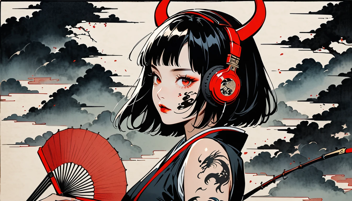 Ink Painting, (((1 person))), (((Tattoo on face))), (((Japanese String Instruments))), Japanese style headphones, Beautiful girl possessed by a demon, Black Hair, Red eyes, Delicate and precise, Modern ukiyo-e style