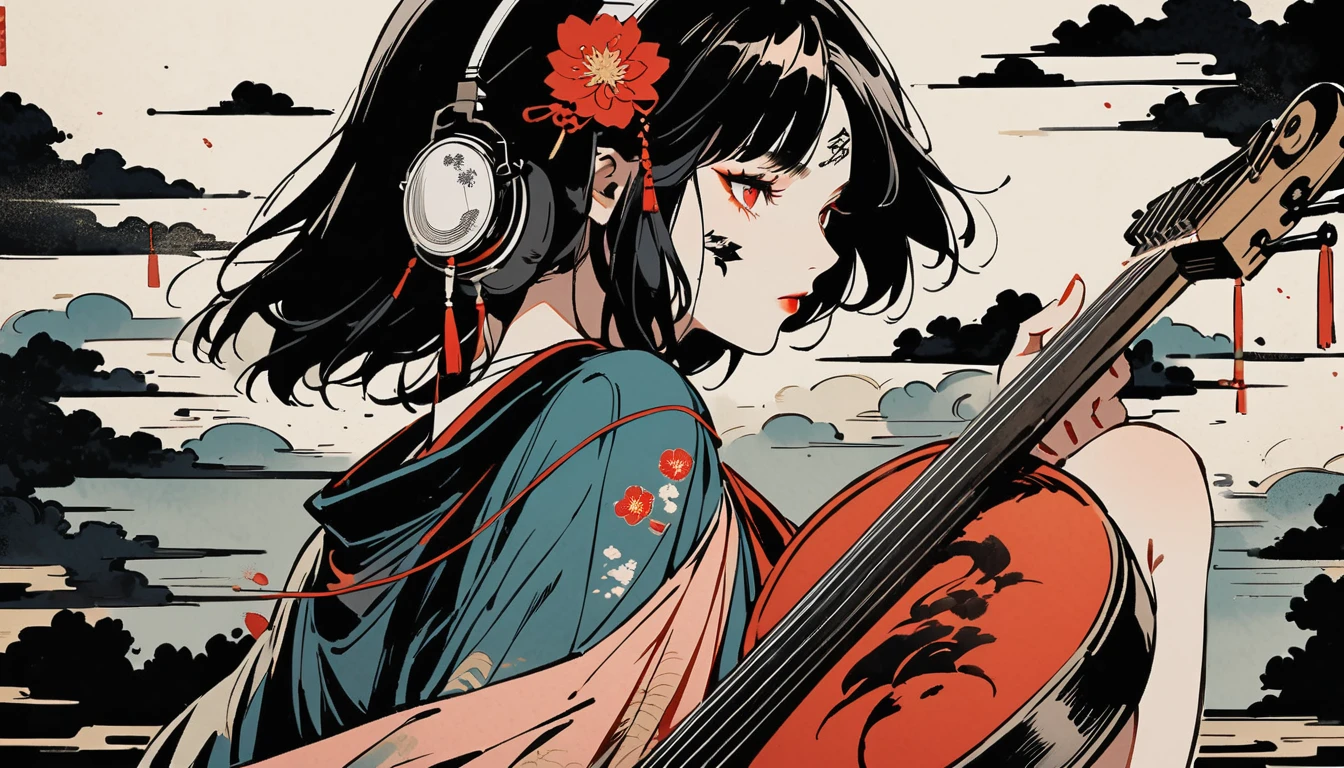 Ink Painting, (((1 person))), (((Tattoo on face))), (((Japanese String Instruments))), Japanese style headphones, Beautiful girl possessed by a demon, Black Hair, Red eyes, Delicate and precise, Modern ukiyo-e style