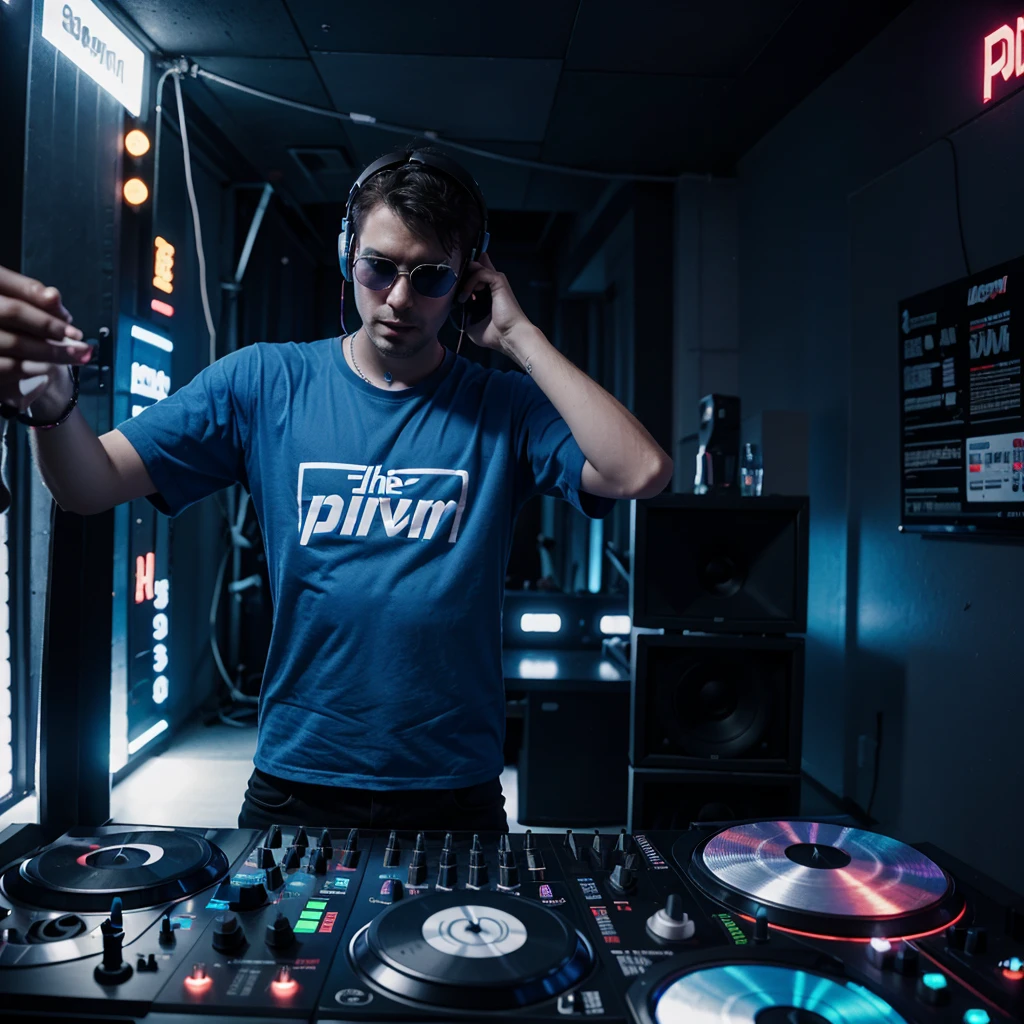 rave party, PEOPLE DANCING, Dj man 25 years old, glad, big headphones, with dark blue glasses, putting sound, ultrarealistic