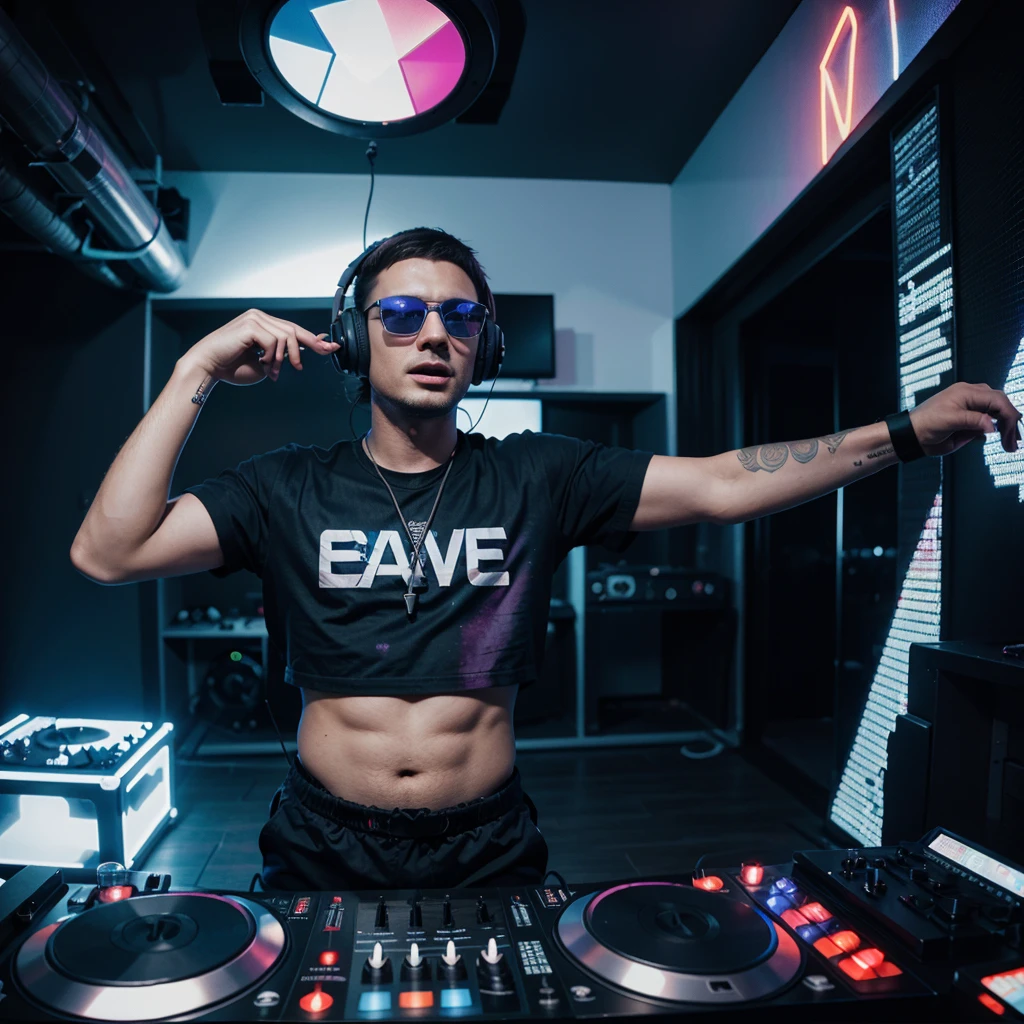 rave party, PEOPLE DANCING, Dj man 25 years old, glad, big headphones, with dark blue glasses, putting sound, ultrarealistic