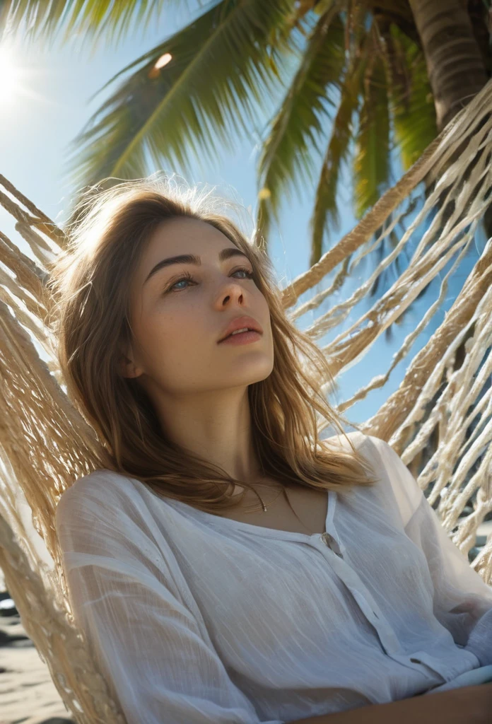 a woman with long hair laying in a hammock under coconut tree, in the style of yigal ozeri, anamorphic lens flare, bella kotak, video, close up, jagged edges, light beige and blue --ar 73:108 --stylize 750 --v 6