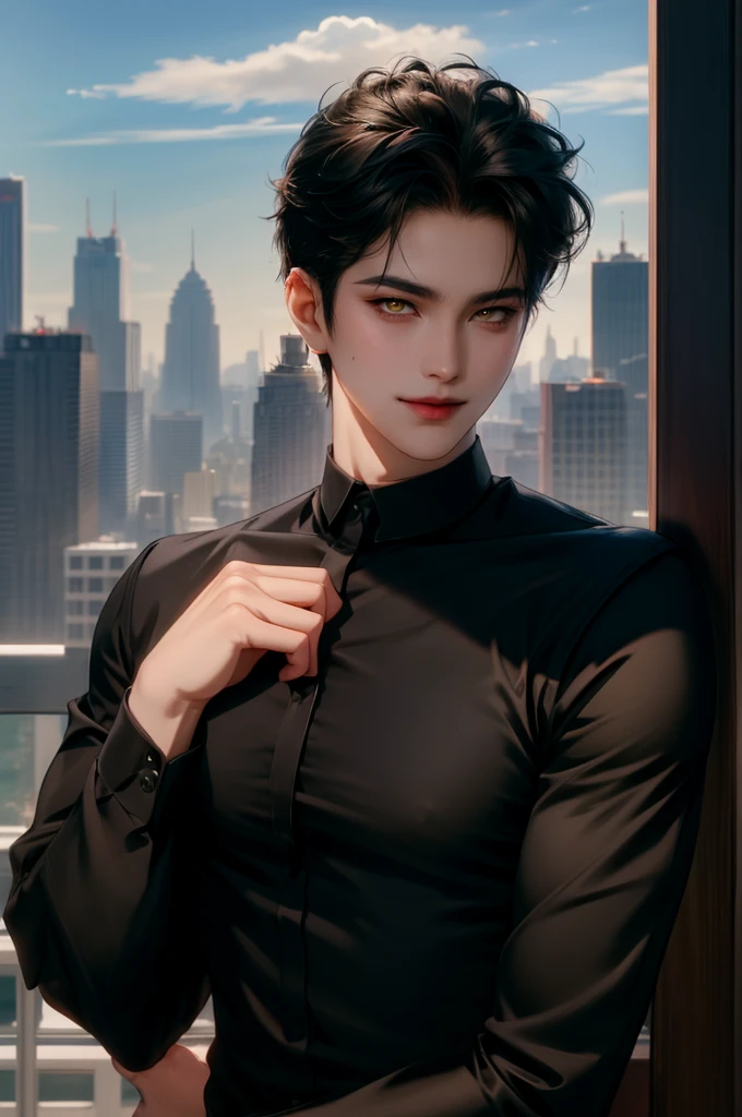 (masterpiece,best quality,ultra_detailed,highres,absurdres) (detailed shadow) (quality light),1 mature male, 21 years old, korean male focus, solo, short black hair, (yellow eyes), city background, full body, looking at viewer, parted lips, round eyewear, open black shirt, long sleeves, showing a bit of muscles, smirk smile face.