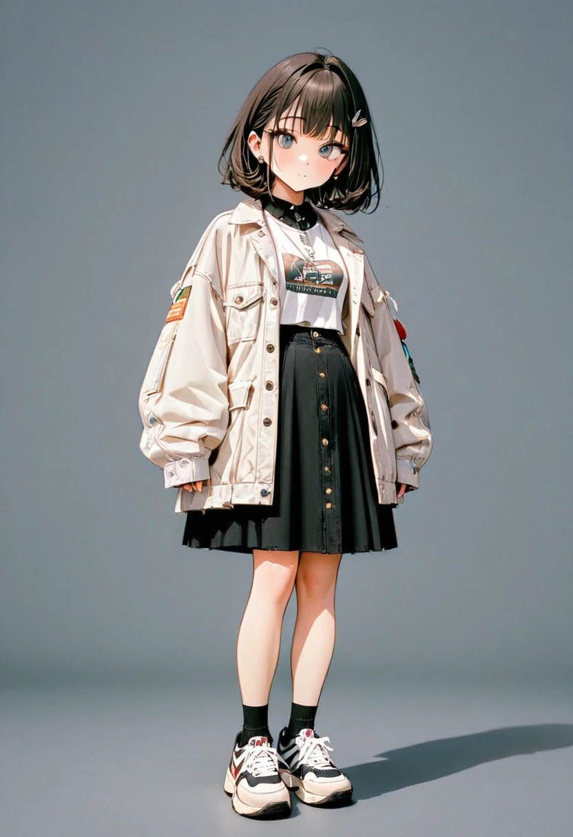 (Masterpiece, highest quality: 1.2, 8K), centered, full body, 1 girl, vintage fashion, simple sneakers, simple background, white background, beautiful eyes, open eyes, 20 years old