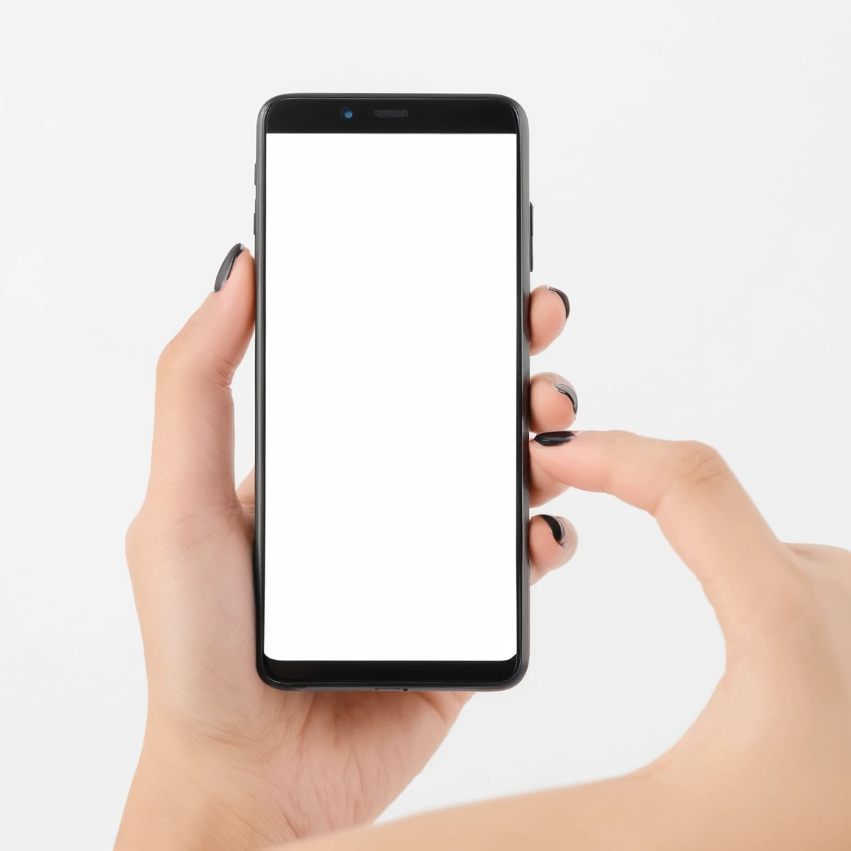 A woman's hand holds a smartphone with a blank, black screen against a stark white background. The focus is on the phone, and for advertising purposes, this image is used to highlight the device itself.