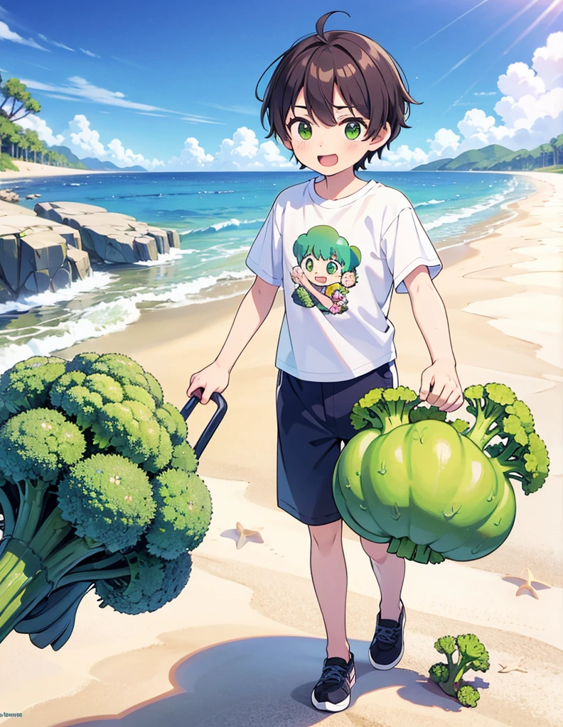 A boy having fun at the beach in summer,Wear a broccoli T-shirt,Broccoli grows all around,high resolution,Nostalgic,Innocent boys,(He is wearing a T-shirt with a broccoli design.),Alien in broccoli armor,