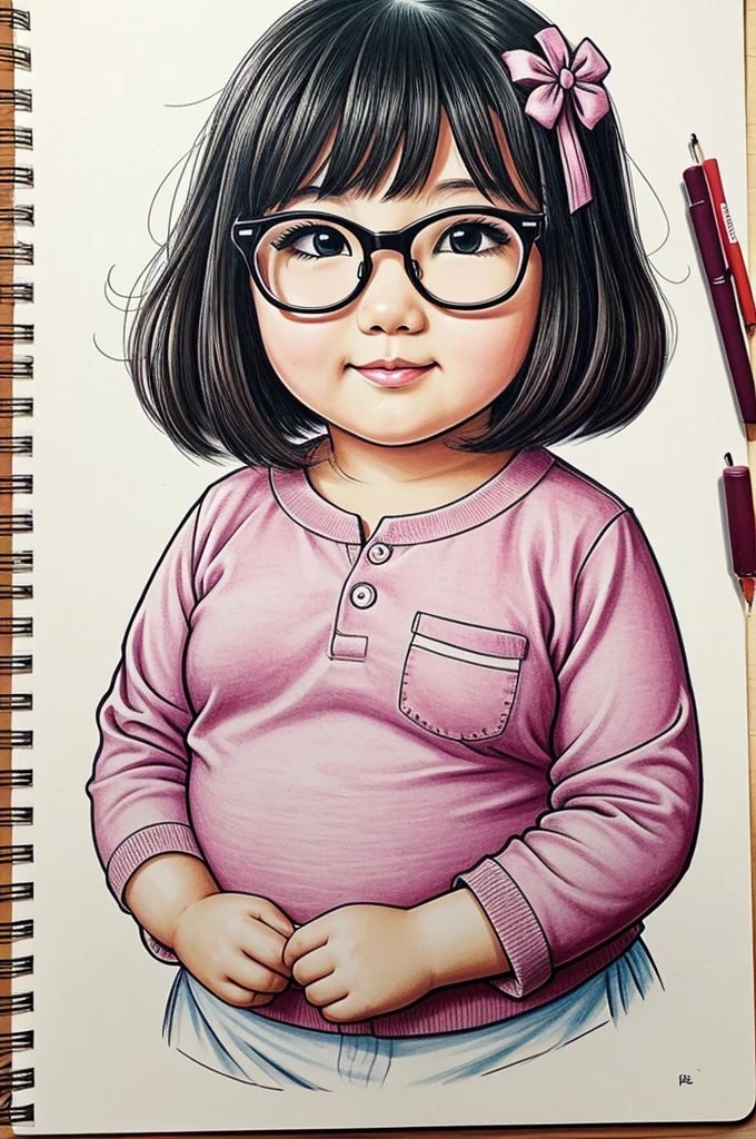 Kawaii style drawing Chubby girl with glasses