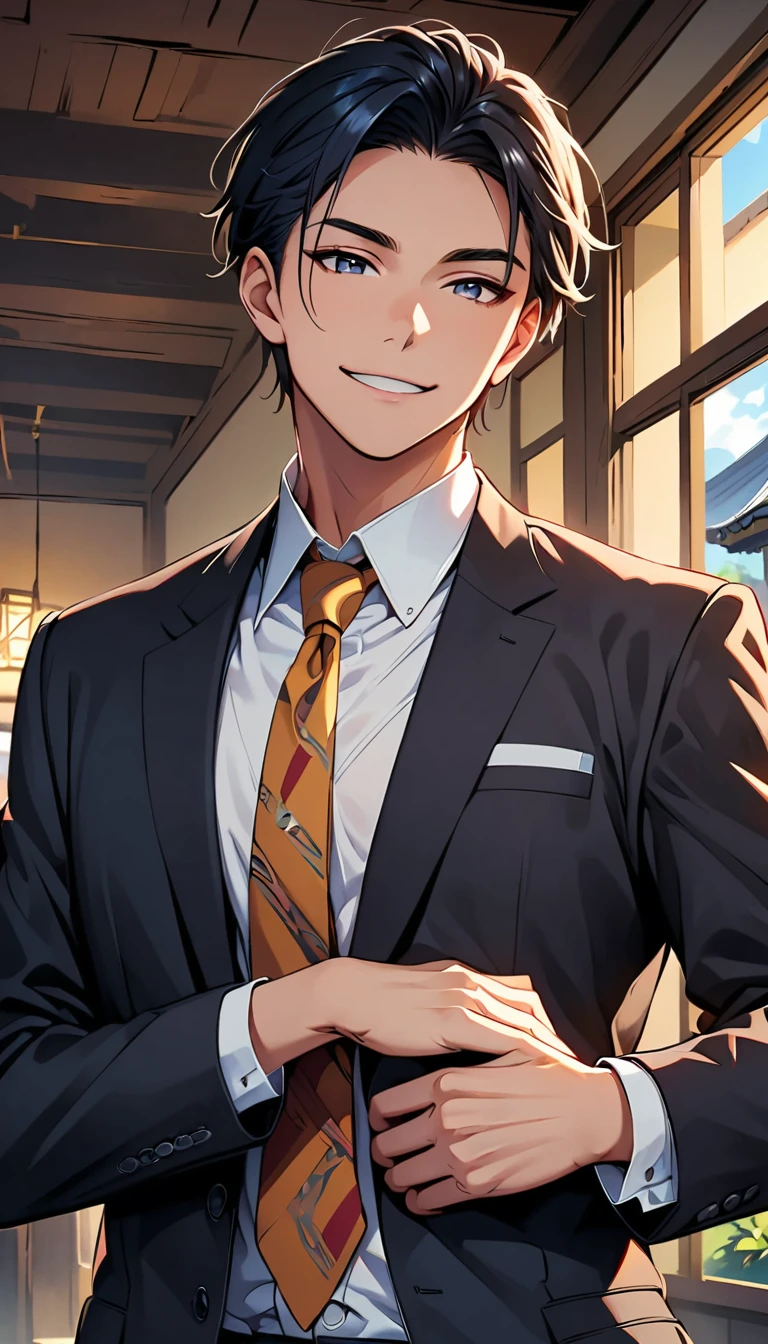 There is a man wearing a suit and tie and smiling., Handsome men from Demon Slayer, Kentaro Miura's Manga Art Style, shigenori soejima illustration, Anime Handsome Man, Anime portrait of a handsome man, Highly detailed angry anime face, Kentaro Miura art style, Tall anime guy with blue eyes