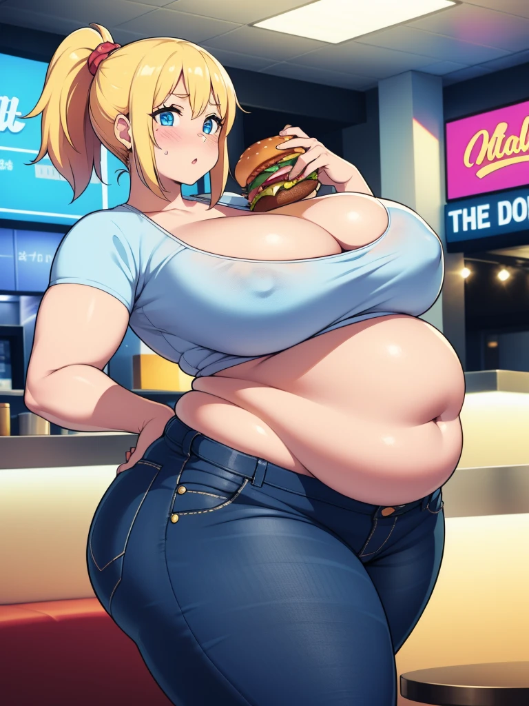 ((Masterpiece)), perfect anatomy, perfect shading, field of depth, (best quality), extremely delicate and beautiful, perfect lighting, detailed face, ultra cute face, cute, ((1girl)), ((solo))
short fluffy blonde hair, ponytail, blue eyes, ((blush)), nervous, looking at viewer, crop top, jeans, cleavage, large breasts, ((thick thighs)), (wide hips), plump, chubby belly, belly hang, fat folds
intricate background, detailed background, fast food restaurant,