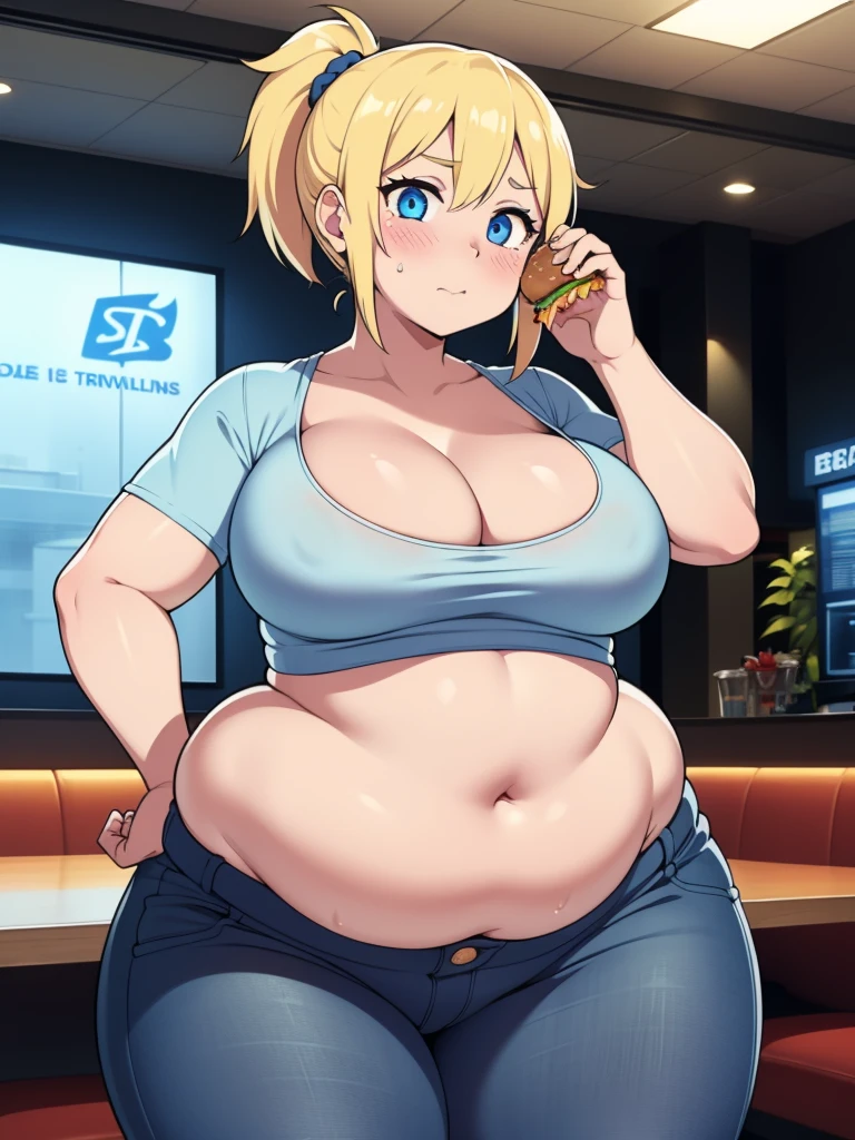 ((Masterpiece)), perfect anatomy, perfect shading, field of depth, (best quality), extremely delicate and beautiful, perfect lighting, detailed face, ultra cute face, cute, ((1girl)), ((solo))
short fluffy blonde hair, ponytail, blue eyes, ((blush)), nervous, looking at viewer, crop top, jeans, cleavage, large breasts, ((thick thighs)), (wide hips), plump, chubby belly, belly hang, fat folds
intricate background, detailed background, fast food restaurant,