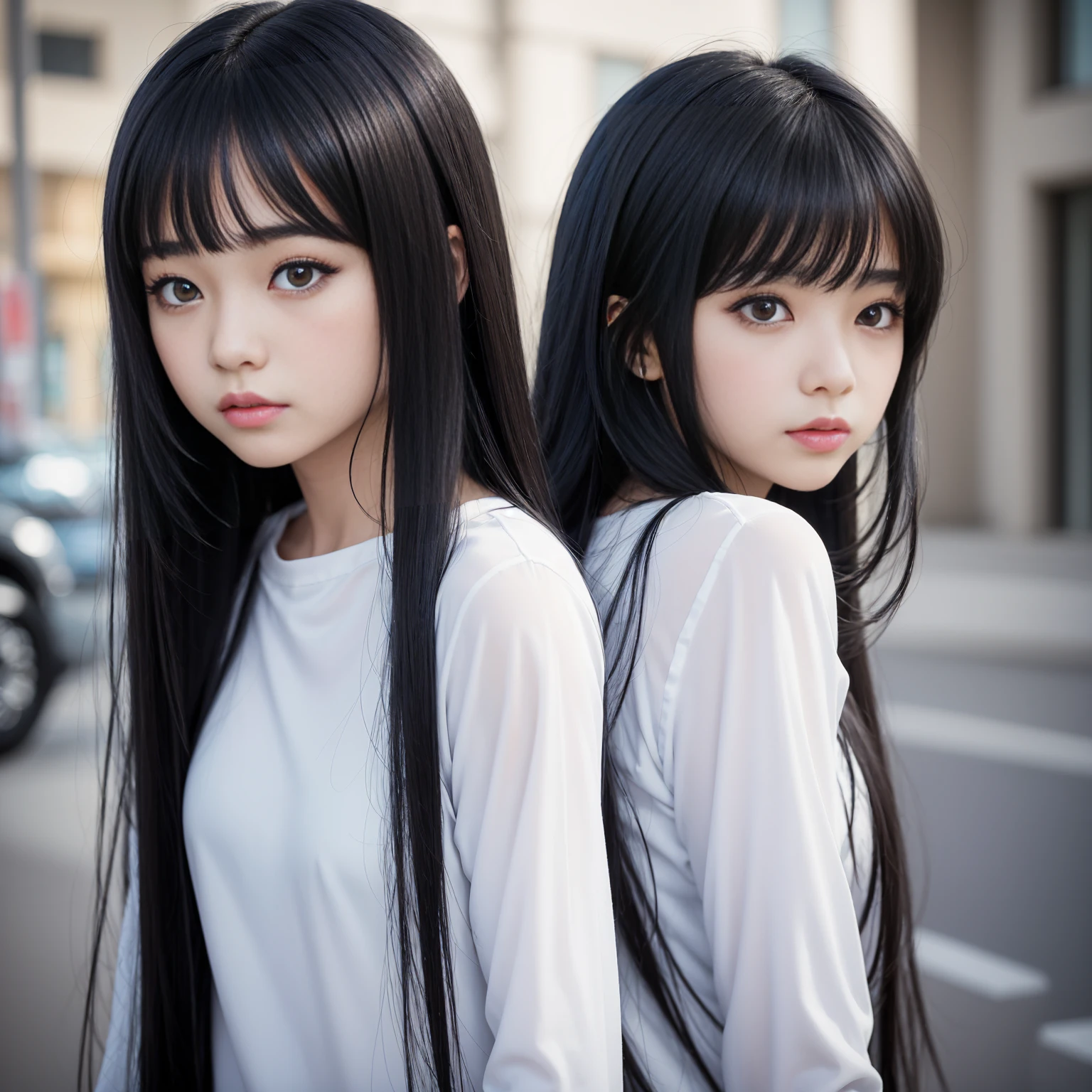 a close up of a woman with long black hair wearing a white shirt, anime girl in real life, anime thai girl, anime girl cosplay, realistic young anime girl, hyper realistic anime, asian girl with long hair, attractive anime girl, photorealistic anime, anime waifu, ultrarealistic sweet bunny girl, realistic anime, she has black hair with bangs