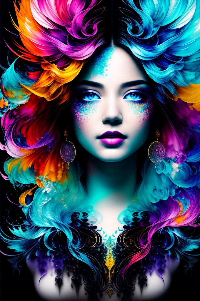 beautiful colorful woman: Black ink flow: Photorealistic masterpiece in 8k resolution: por Aaron Horkey e Jeremy Mann: Finely detailed fluid gouache painting: by John Baptist Mongue: handwriting: acrylic: water colour, professional photograpy, natural lighting, volumetric lighting maximalist photo illustration: by marton bobzert: Detailed concept art in 8k resolution, Complex, chic, expansive, Fantastic, double printing, double exposure, holographic effect 