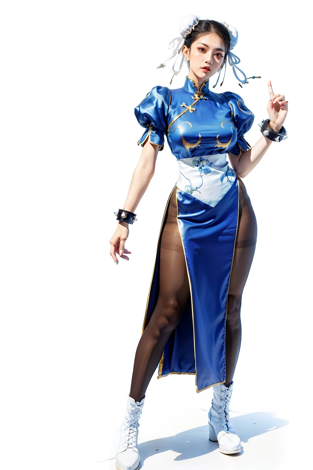 tall, hands on crotch, shy,white background,chun-li, standing,Bun head,bun covers, boots, bracelet, brown pantyhose, china dress, blue china dress color, chinese clothes, blue china clothes color,cross-laced footwear, dress, gold trim, jewelry,20 denial pantyhose, brown pantyhose color,pelvic curtain, puffy sleeves, sash, short sleeves, side slit, spiked bracelet, spikes and white footwear, beauty face, big breast, thick tight