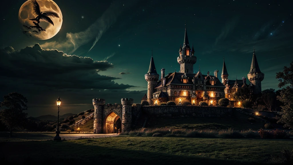 at the horizon thereis a castle on the hill, tall towers, a massive gate, it is night time, moon is red, haunting dark style, best quality, ultra realistic