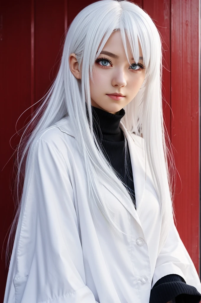 1girl, White hair, Red eyes, Shy, Anime