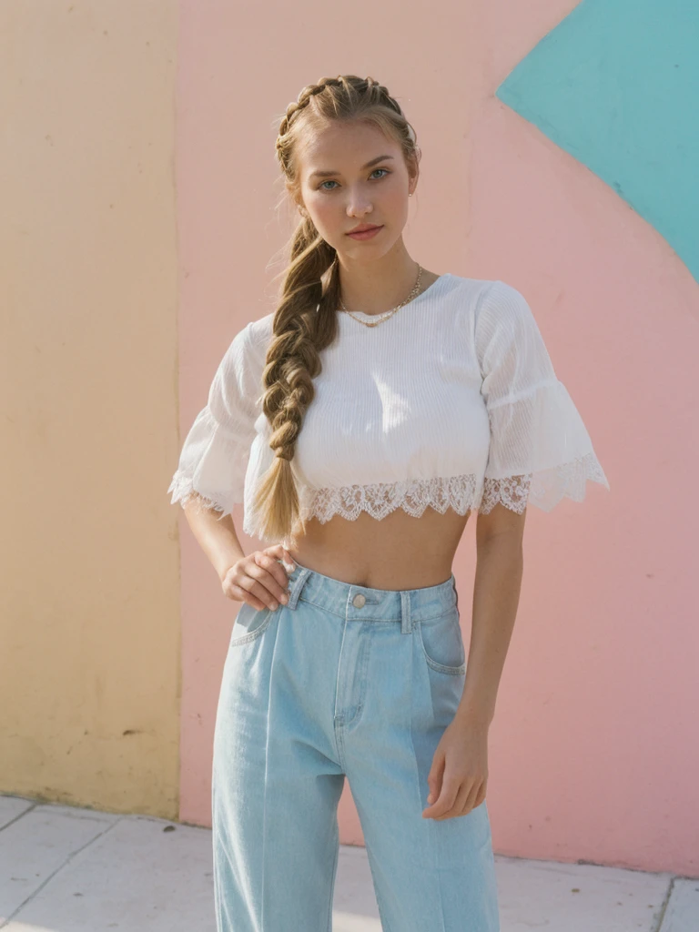her name is Chrsotine, high quality, 1girl, ((20-year-old fit Caucasian woman)), ((20 years old)), ((fit)), ((Halo Braid)), pose: standing, wearing unique Generation-Z modern wear pastel colored, BACKGROUND: Caribbean nation on the island of Hispaniola