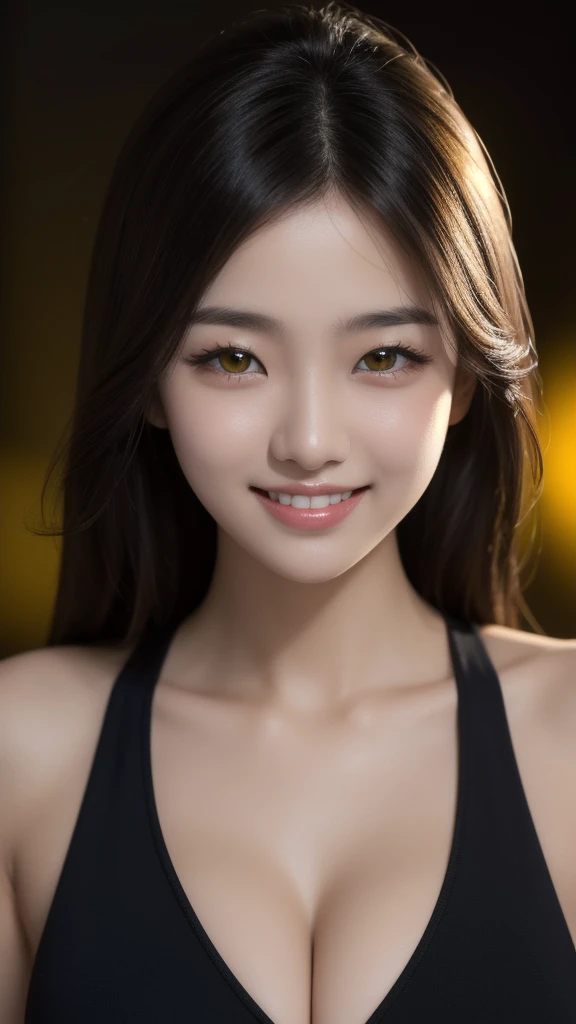 (THE MOST BEAUTIFUL KOREAN GIRL IN THE WORLD),(KOREAN GIRL), (AGE 14 YO), (LARGE BREASTS CAN NOT BE VIEWED BY VIEWER), (SEPARATED CLEAVAGE),(CUTE SMILE LIPS PARTIALLY OPEN SEE TEETH), (PIERCING BEAUTIFUL YELLOW VIBRANT EYES),(YELLOW EYES),, award winning portrait photo of an young woman, bokeh, backlit, (brown color in detail:1.1), elegant atmosphere, realistic, intricate details, true skin tone, dark theme