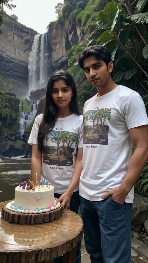 A man the name is Sagar his small sister architha, his small sister celebrating brother's birthday by cutting cake, the background is in the Nature full of waterfall, they warning tea shirts print brother name is Sagar sister name is Architha, upon the cake write happy birthday Sagar