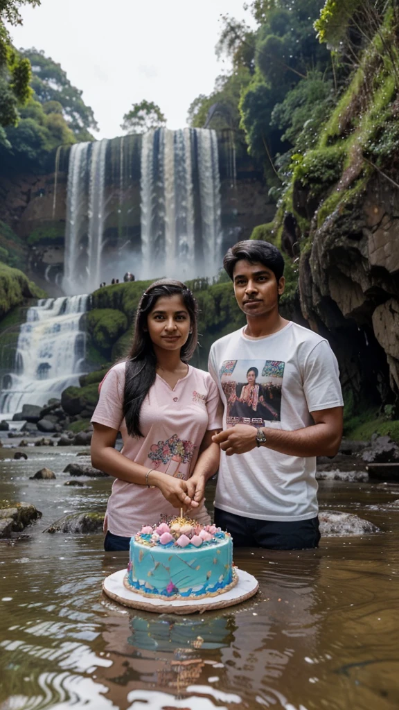 A man the name is Sagar his small sister architha, his small sister celebrating brother's birthday by cutting cake, the background is in the Nature full of waterfall, they warning tea shirts print brother name is Sagar sister name is Architha, upon the cake write happy birthday Sagar