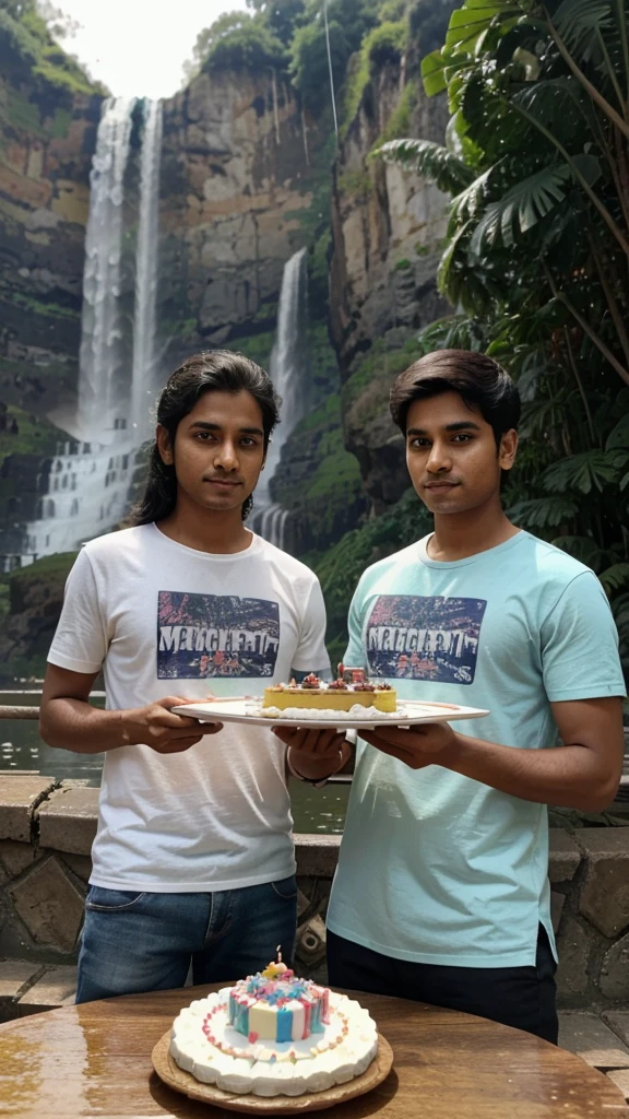 A man the name is Sagar his small sister architha, his small sister celebrating brother's birthday by cutting cake, the background is in the Nature full of waterfall, they warning tea shirts print brother name is Sagar sister name is Architha, upon the cake write happy birthday Sagar