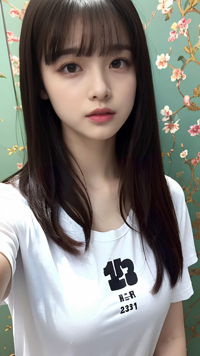 (Realistic、Photorealistic)、(wallpaper)、、One Girl、alone、23 years old、(Perfect Eyes)、Perfect hands、Perfect Proportions、Highly detailed face、Highly detailed skins、とてもwhiteい肌、(Selfie style)、background、white、 Are standing, T-Shirts