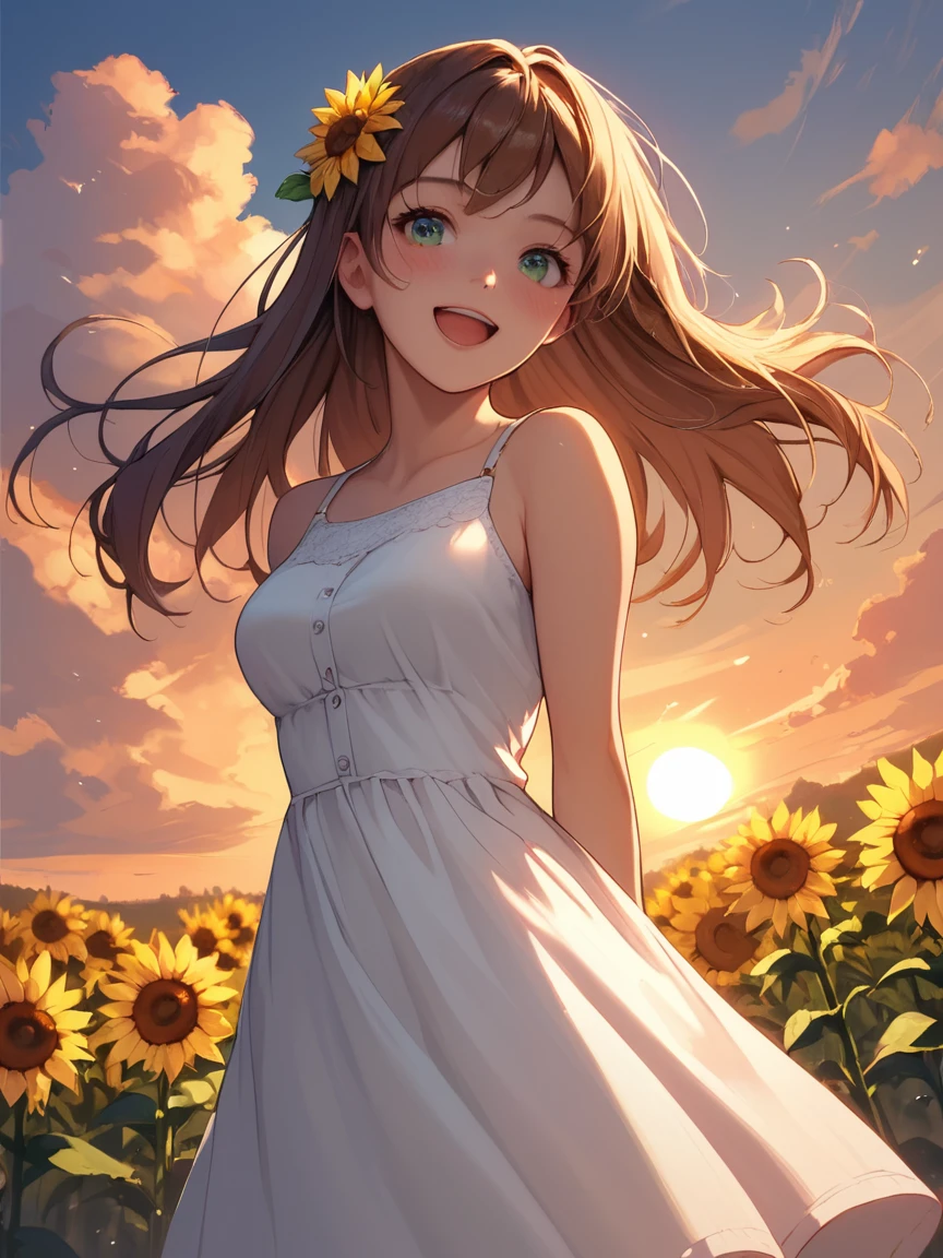 score_9,score_8_up,score_7_up,score_6_up, 1girl,flower,sunflower,solo,dress,outdoors,sunset,open mouth,long hair,blush,white dress,looking at viewer,hair ornament,arms behind back,sleeveless,cloud,smile,sundress,sleeveless dress,hair flower,brown hair,sky,bare shoulders,breasts,sun,blue eyes,:d,cowboy shot,medium breasts,bare arms,power lines,green eyes,standing,