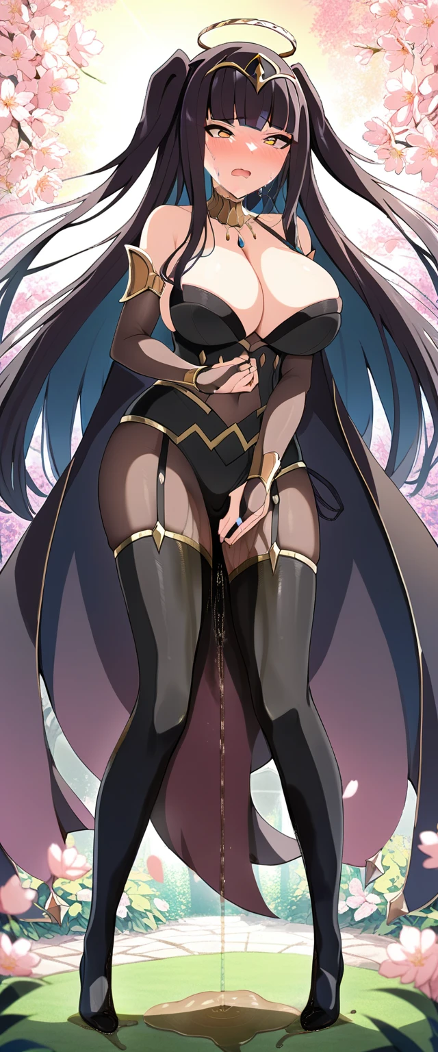 (masterpiece:1.37), best quality, (extremely detailed:1.37), (1girl:1.5), woman, (mature:1.5), (adult:1.5), Tharja \(Fire Emblem}\, two side up, tiara, cape, bodystocking, bodysuit, cleavage, bridal gauntlets, pelvic curtain, large breasts (extremely detailed eyes:1.37), (wetting self:2.0), desperation, standing, embarrassed, humiliation, blushing, angry, cherry blossoms, garden, (golden hour:1.5), full body