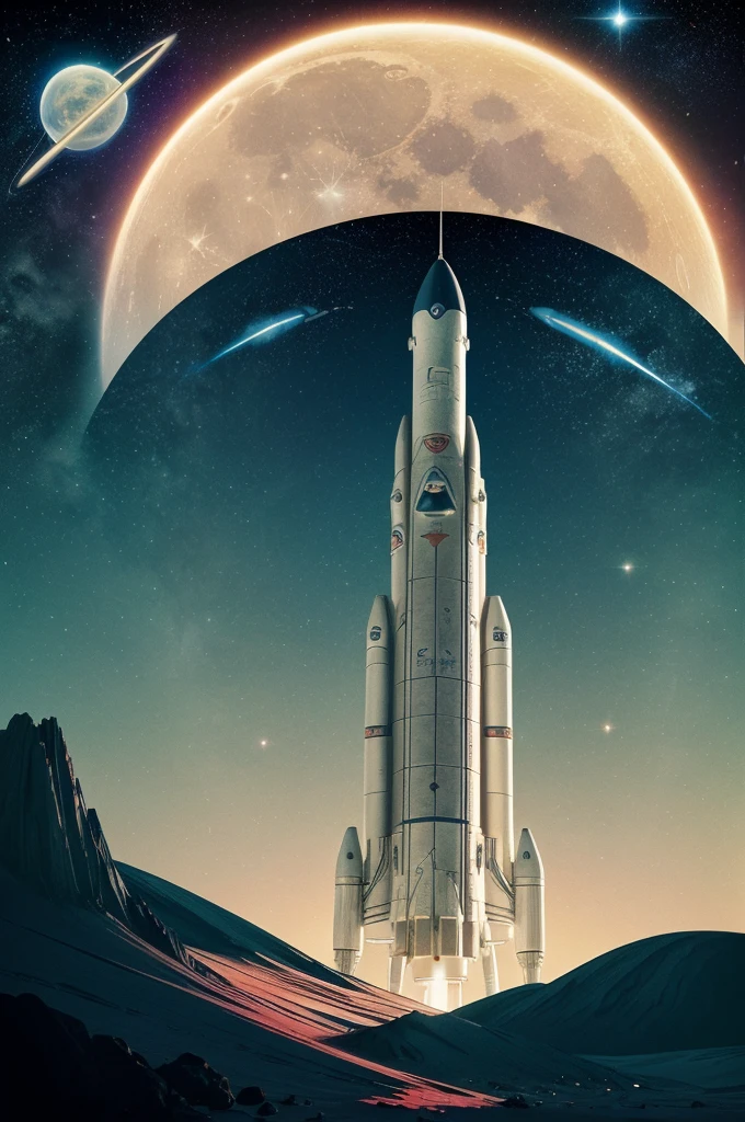 Illustrate a retro-futuristic wallpaper showcasing space exploration. Highlight a classic rocket ship launching from a vibrant, alien planet with retro-style colors and art deco elements. The background should include a star-filled sky with a prominent, glowing moon and constellations, capturing the nostalgic charm of mid-20th-century sci-fi visions."