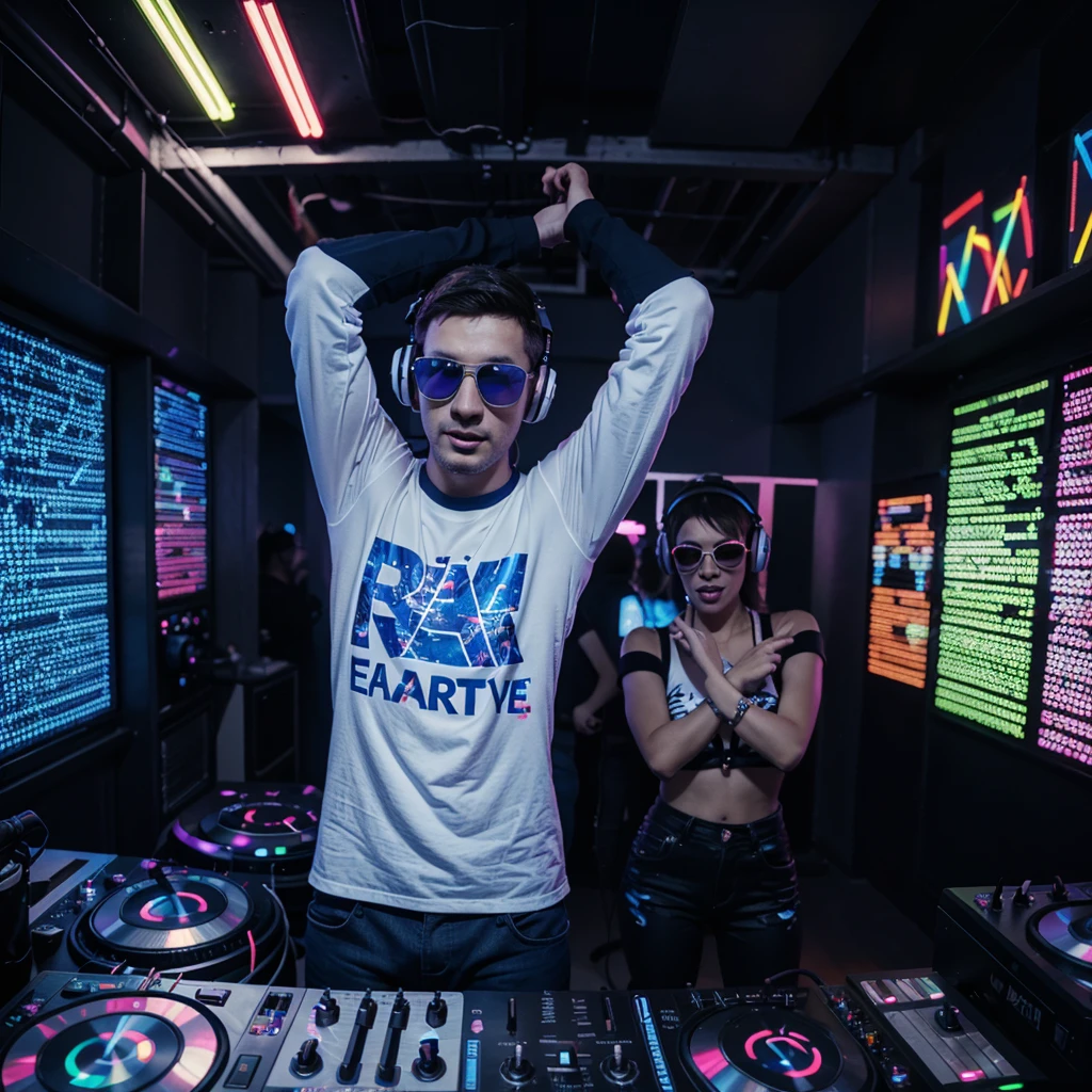 rave party, PEOPLE DANCING, Dj man 25 years old, glad, big headphones, with dark blue glasses, putting sound, ultrarealistic