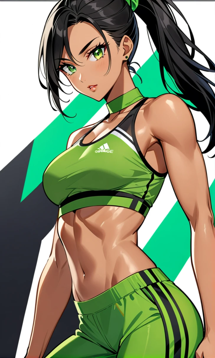 Woman, Athletic and toned body, light skin tone, long black hair tied in a ponytail, green eyes with a penetrating and seductive look, breasts big, exciting look, a green crop top with legin pants